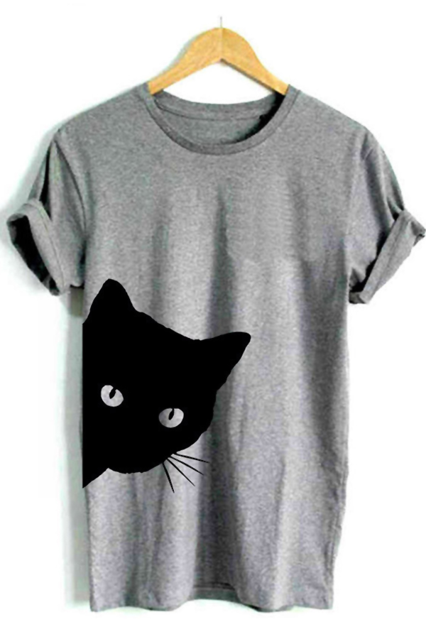 

Lovely Casual Cat Printed Grey Cotton T-shirt