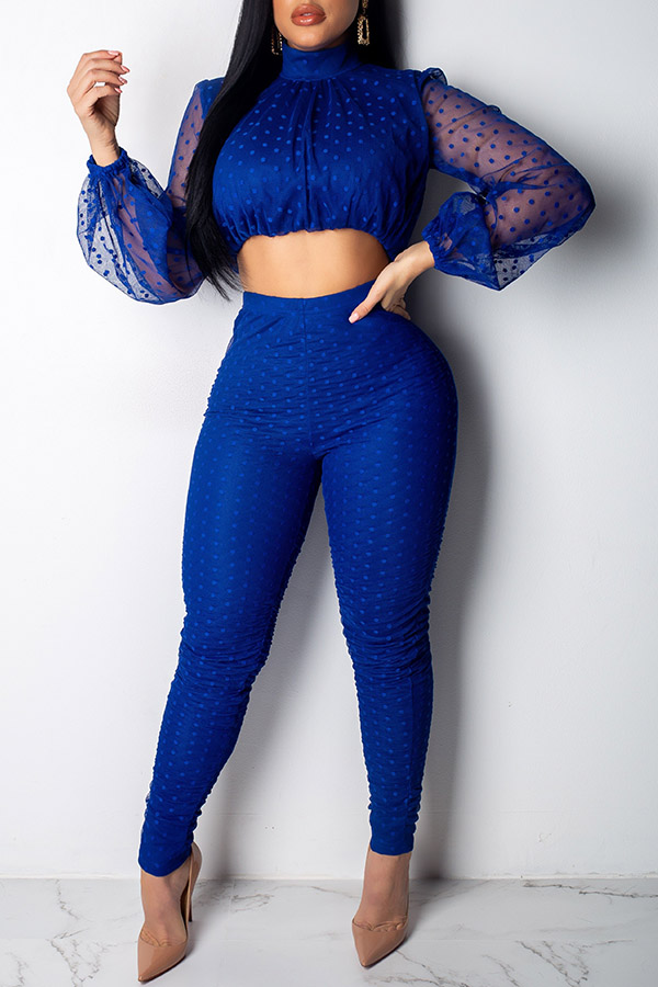 

Lovely Trendy Dots Printed Blue Two-piece Pants Set