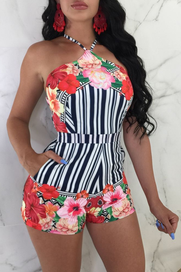 

Lovely Sexy Floral Printed Black And White One-piece Romper