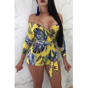 Lovely Sexy Floral Printed Yellow Blending One-pie