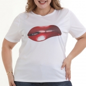 Lovely Casual Lip Printed White Cotton Blends T-sh