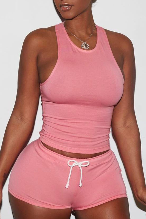 Lovely Sportswear Drawstring Dusty Pink Two-piece Shorts Set