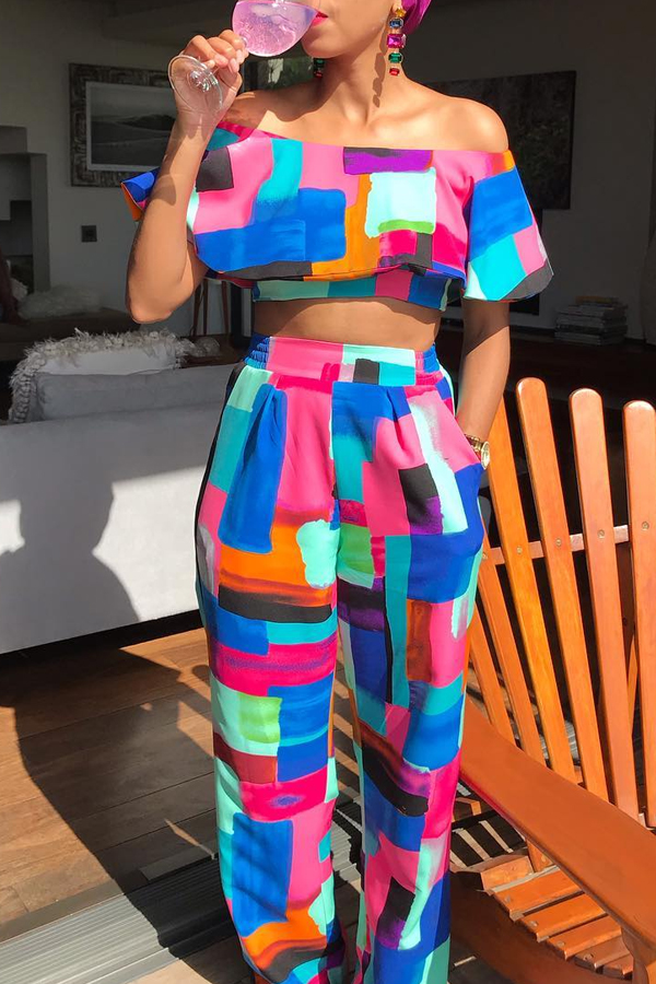 

Lovely Sweet Color-lump Multicolor Two-piece Pants Set