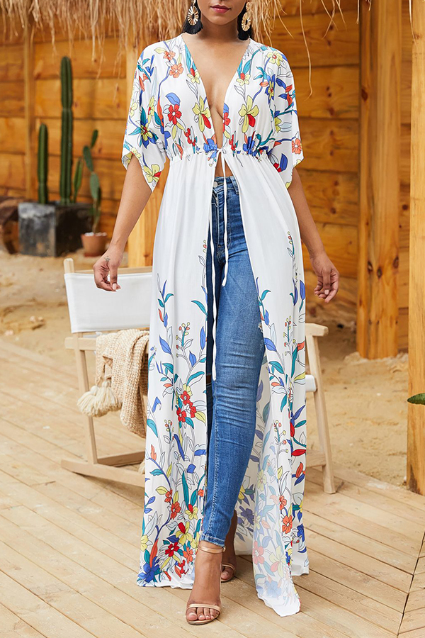 

Lovely Trendy X-long Floral Printed White Coat