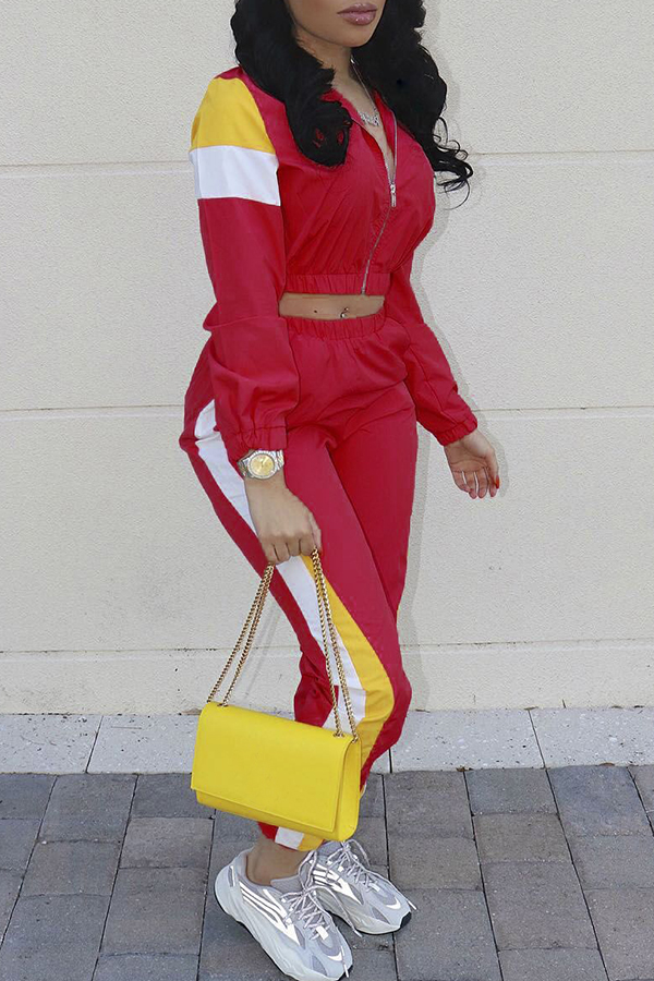 

Lovely Casual Patchwork Bright Red Two-piece Pants Set