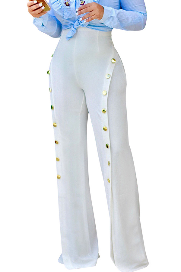 

Lovely Trendy Buttons Decorative Loose White Pants