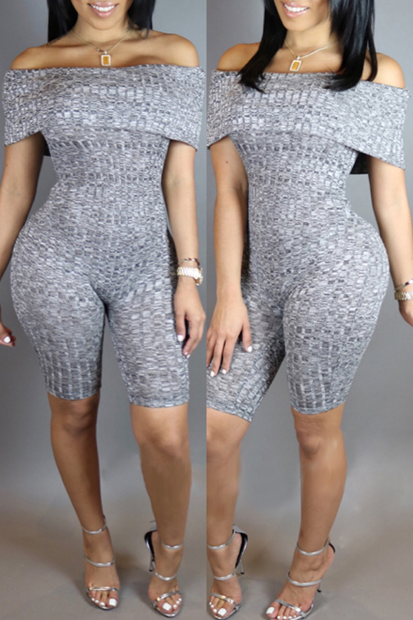 

Lovely Casual Dew Shoulder Skinny Grey One-piece Rompers