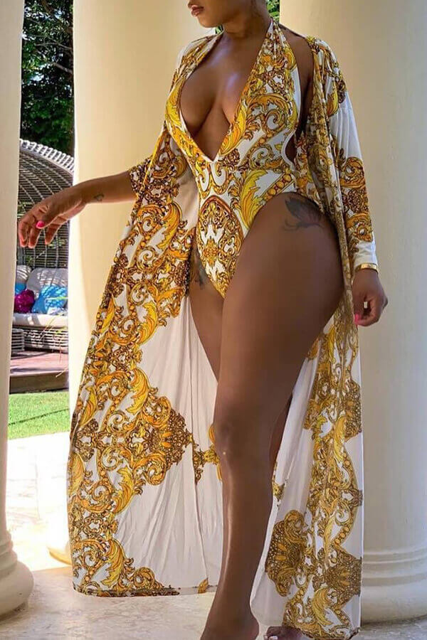 

Lovely Sexy V Neck Printing White One-piece Swimwear(With Cover-up