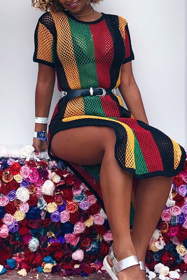 

Lovely Casual Side High Slit Multicolor Mid Calf Dress, Multi
