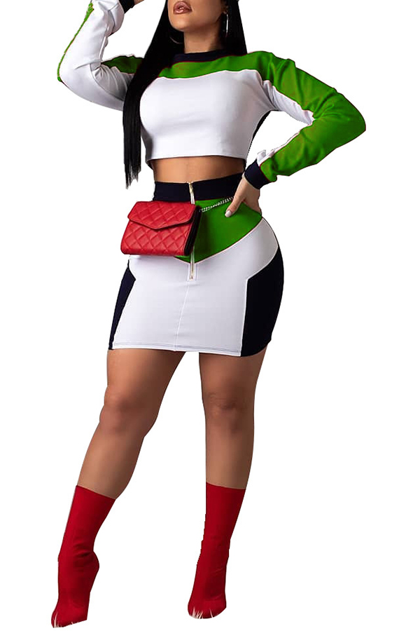 

Lovely Casual Patchwork Green Two-piece Skirt Set