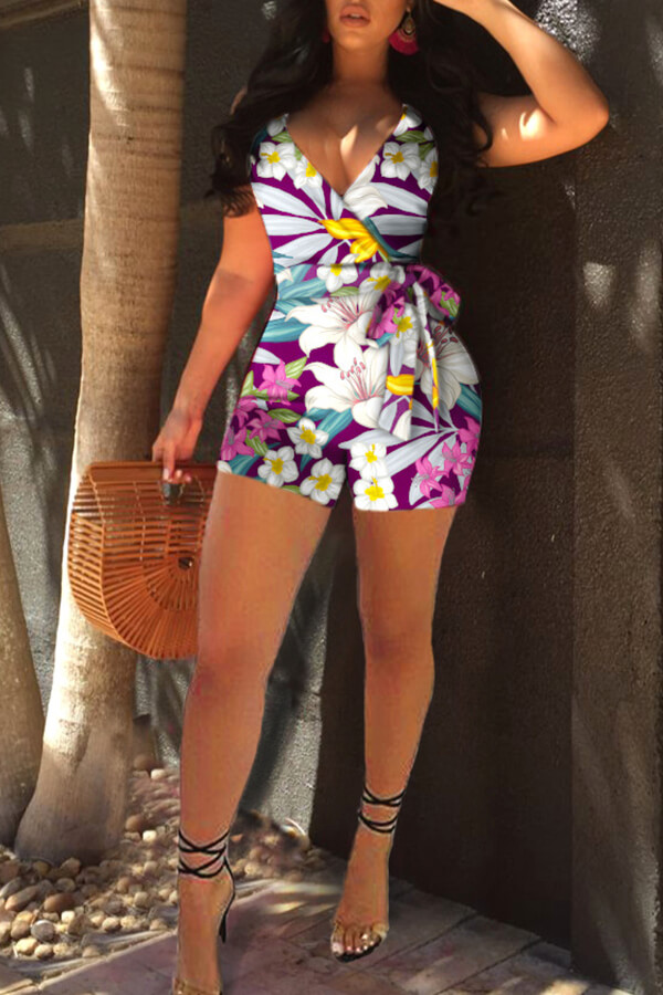 

Lovely Bohemian Floral Printed Purple One-piece Romper