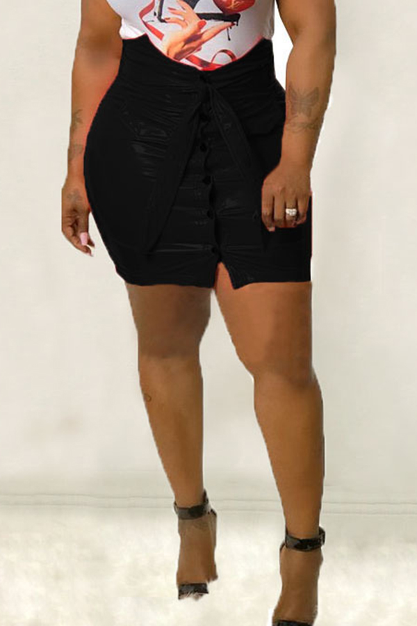 

Lovely Casual Buttons Black PU Mini Skirts