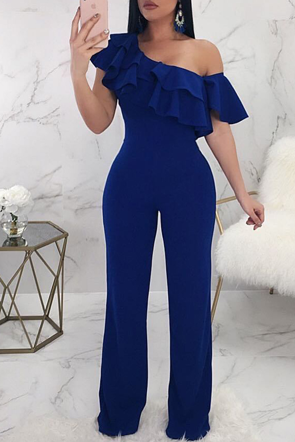 

Lovely Casual Dew Shoulder Blue Knitting One-piece Jumpsuit