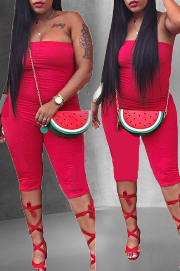 

Lovely Casual Dew Shoulder Red One-piece Rompers