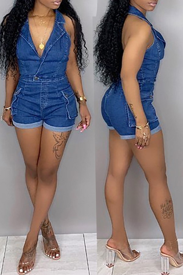 

Lovely Sexy Hollow-out Dark Blue Denim Rompers(With Elastic)
