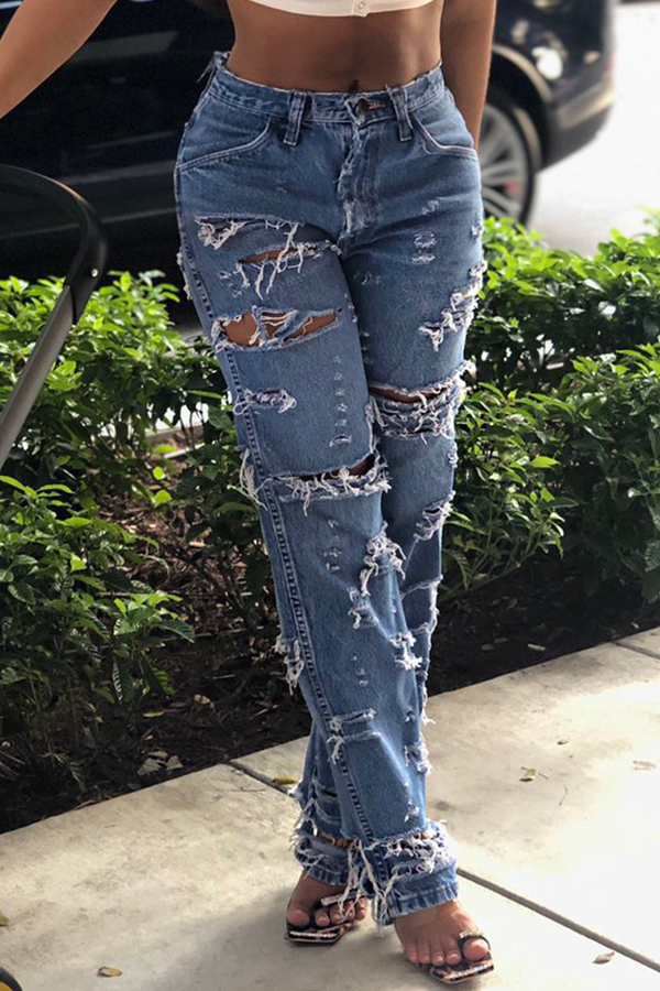 

Lovely Light Blue Broken Holes Casual Jeans