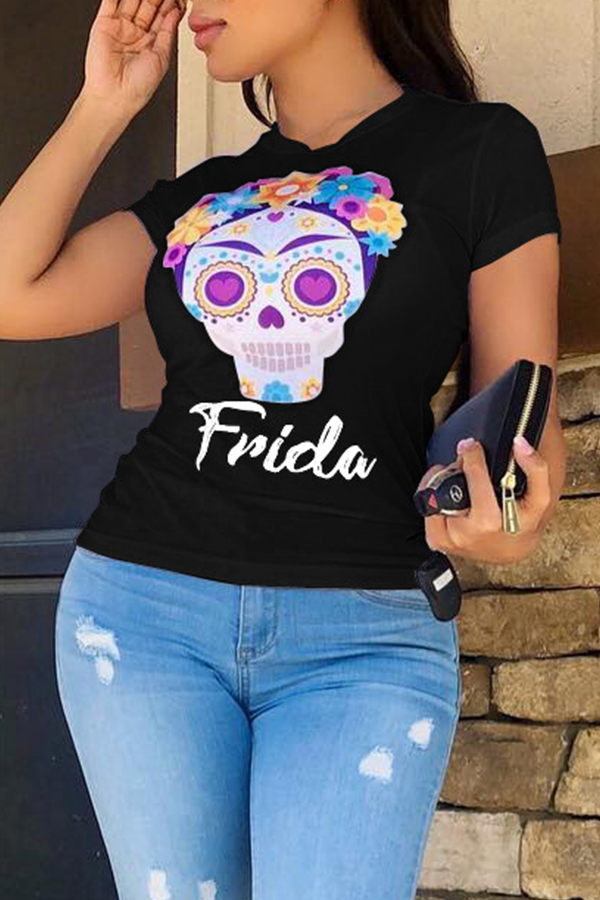 

Lovely Casual Print Short Sleeve Black T-shirt
