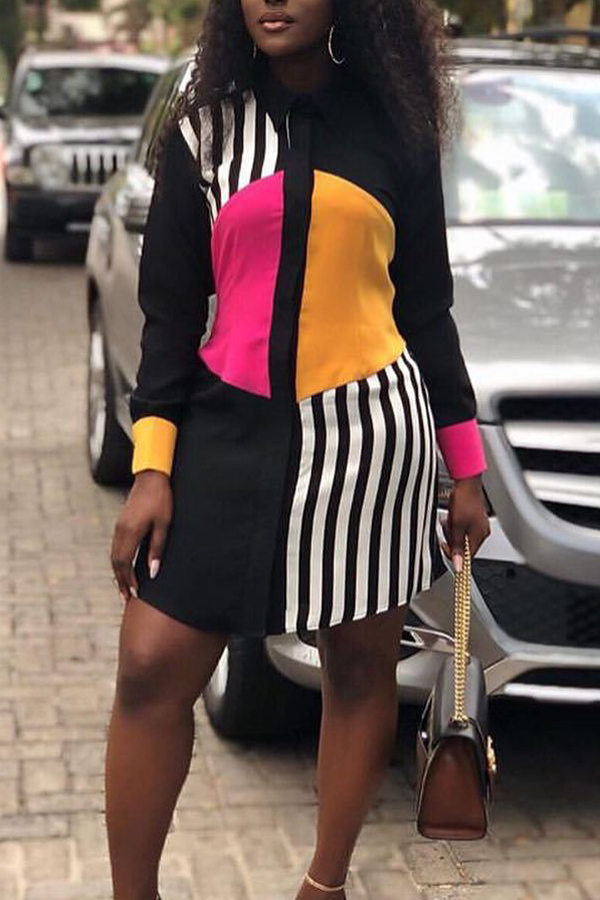 

Lovely Casual Striped Patchwork Black Mini Shirt Dress(With Elastic)