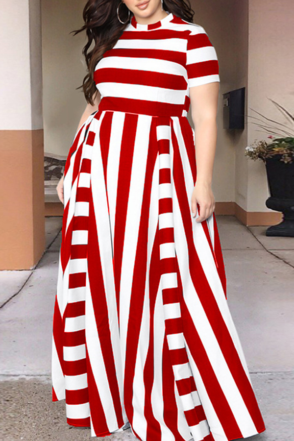 

Lovely Red/White Striped Floor Length Dress(With Elastic)