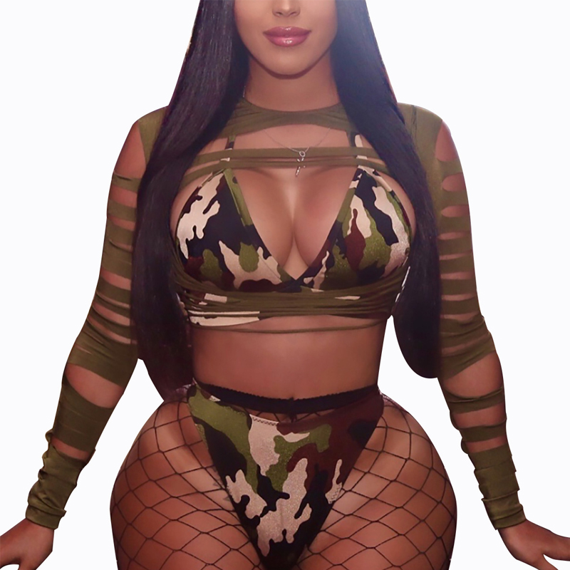 

Lovely Trendy Printed Hollow-out Army Green Two-piece Swimwear