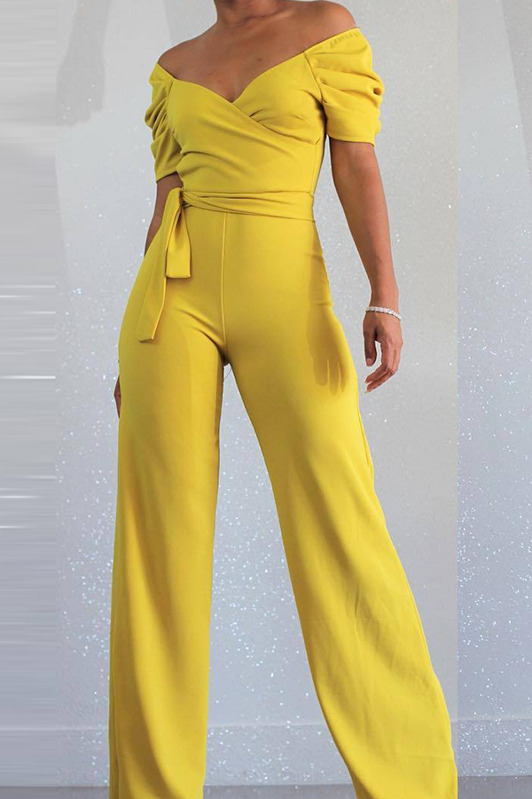 Lovely Casual Dew Shoulder Yellow Jumpsuit(With Elastic)_Jumpsuit ...