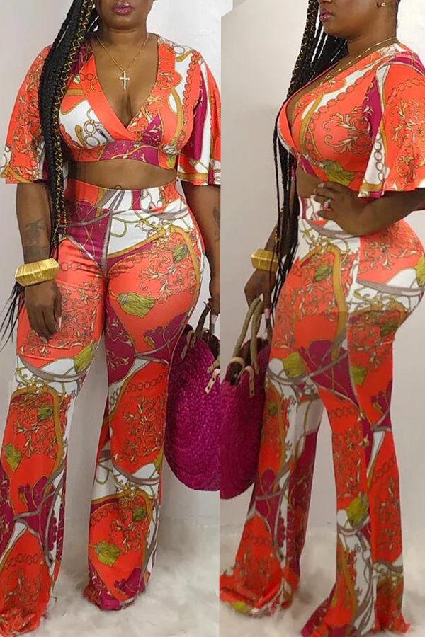 

Lovely Sexy Half Sleeve Printed Red Two-piece Pants Set