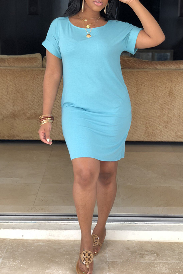 

Lovely Casual Short Sleeve Light Blue Dress(With Elastic)