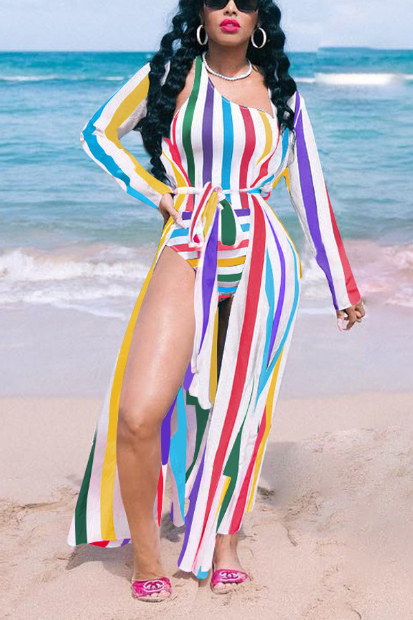 Lovely One Shoulder Striped One-piece Swimwear (With Cover-up)