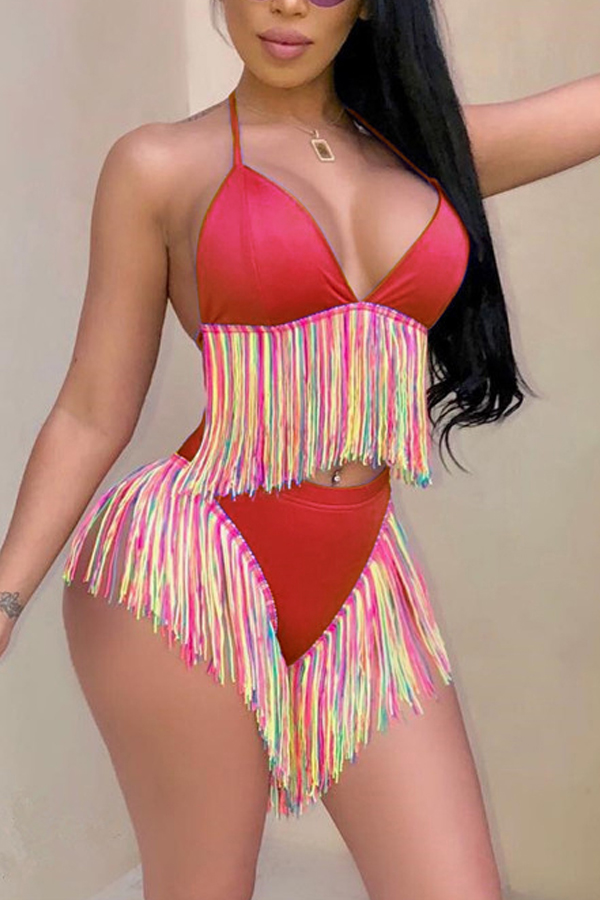 

Lovely Sexy Tassel Design Red Two-piece Swimwear