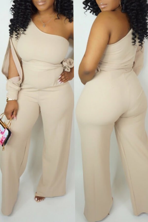 

Lovely Casual One Shoulder Asymmetrical Beige Jumpsuit(Elastic
