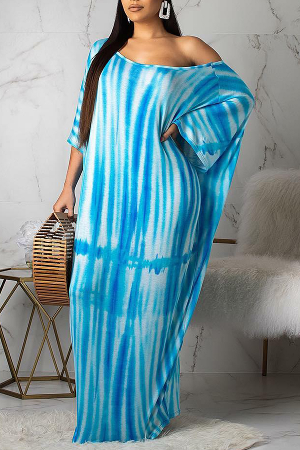 

Lovely Casual One Shoulder Print Blue Dress(With Elastic)