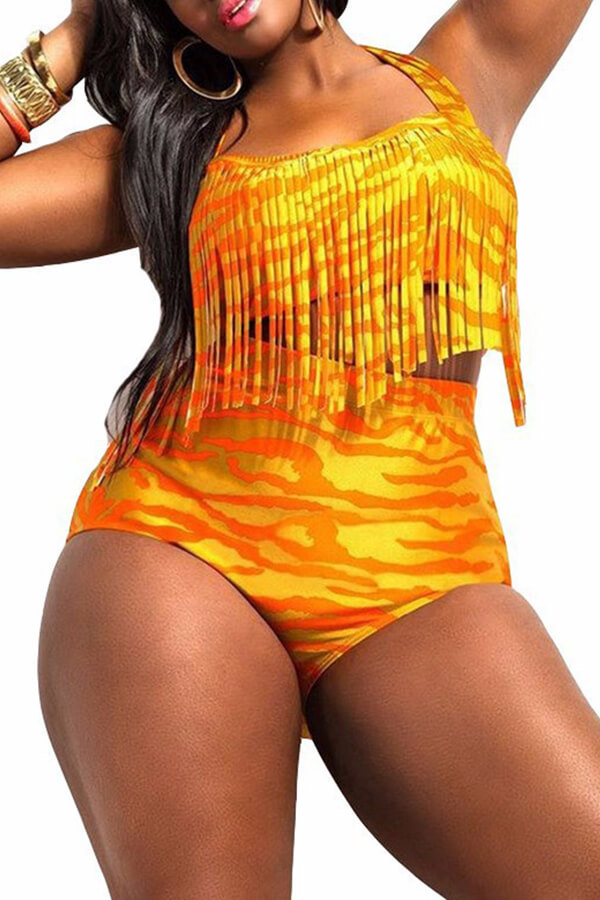 

Lovely Sexy Tassel Design Yellow Two-piece Swimwear