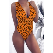 Lovely Trendy Leopard Printed Orange One-piece Swi