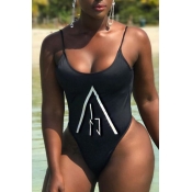 Lovely Casual Printed Black One-piece Swimwear