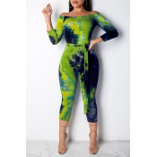 Lovely Casual Printed Green Twilled Satin One-piec