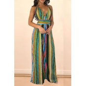 Lovely Bohemian Backless Striped Multicolor One-pi