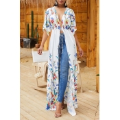 Lovely Trendy X-long Floral Printed White Coat