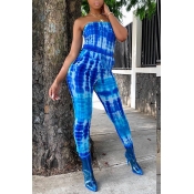 Lovely Casual Dew Shoulder Printed Blue One-piece 
