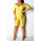 Lovely Casual Lace-up Skinny Yellow One-piece Romp