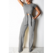Lovely Trendy Knot Design Grey Two-piece Pants Set