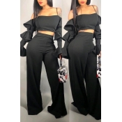 Lovely Sweet Lotus Leaf Sleeves Black Two-piece Pa