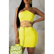 Lovely Casual Lace-up Yellow Two-piece Skirt Set