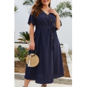 Lovely Plus-size Lace-up Navy Blue Mid Calf Dress