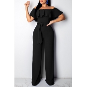 Lovely Black Ruffle Design Casual Jumpsuit(With El