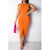 Lovely Sexy Backless Orange Mid Calf Sheath Dress(