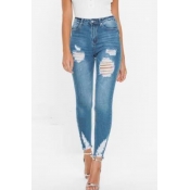 Lovely Stylish High Waist Broken Holes Blue Jeans