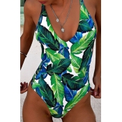 Lovely Printed V Neck Green One-piece Swimwear