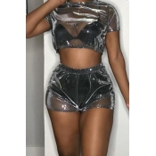 Lovely Sexy See-through Silver Two-piece Shorts Se