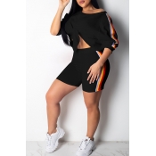 Lovely Casual Striped Black Two-piece Shorts Set