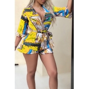 Lovely Bohemian V Neck Print Yellow Rompers(With E